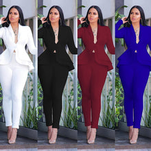 Load image into Gallery viewer, New Women  Full Sleeve Ruffles Blazers Pencil Pants Suit Two Piece Set
