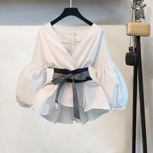 Load image into Gallery viewer, Lantern Sleeve Blouse Shirt with Bow and V-neck
